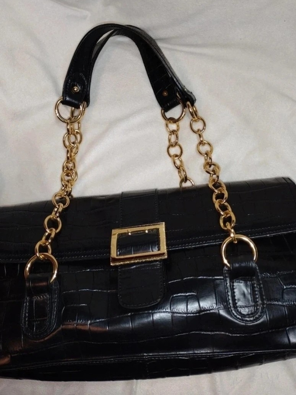 The Find Embossed Black Croc Leather Handbag Purse w/ Chain Strap Shoulder